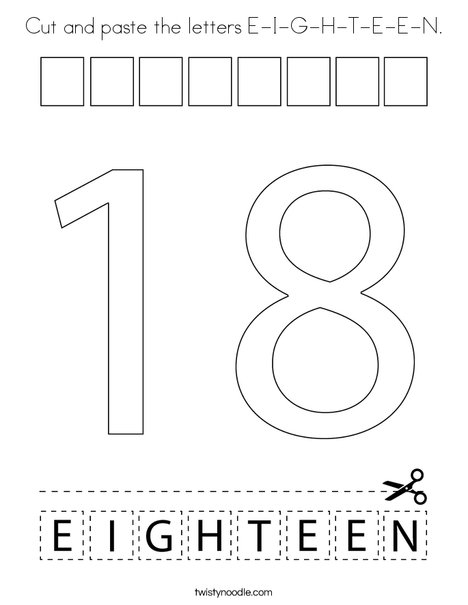 Cut and paste the letters E-I-G-H-T-E-E-N. Coloring Page