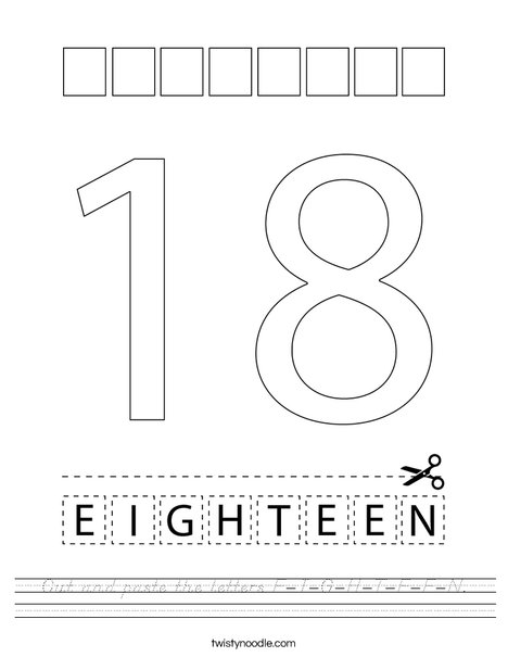 Cut and paste the letters E-I-G-H-T-E-E-N. Worksheet