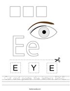 preschool worksheets letter e Cut and paste the letters E-Y-E Handwriting Sheet