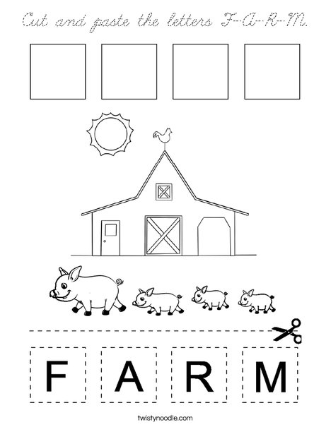 Cut and paste the letters F-A-R-M. Coloring Page