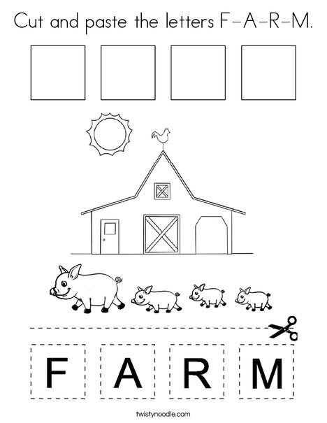 Cut and paste the letters F-A-R-M. Coloring Page