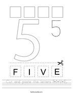 worksheet for kindergarten number 5 Cut and paste the letters F-I-V-E Handwriting Sheet