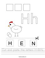 Cut and paste the letters H-E-N Handwriting Sheet