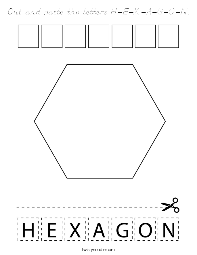 Cut and paste the letters H-E-X-A-G-O-N. Coloring Page
