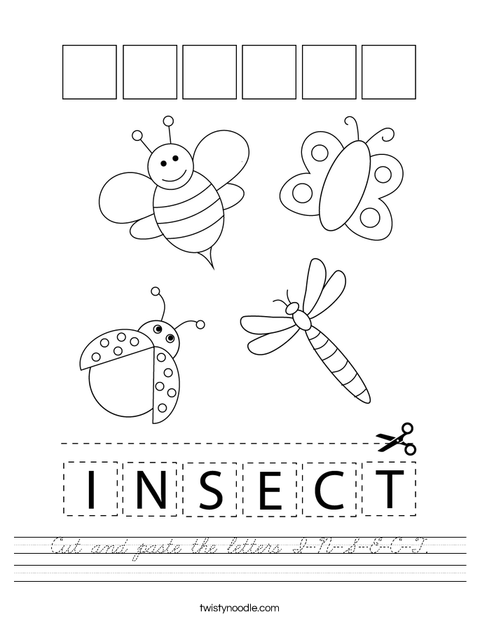 cut and paste the letters i n s e c t worksheet cursive twisty noodle