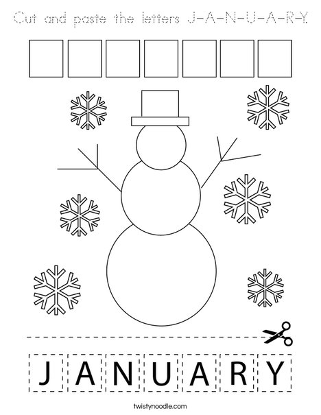 Cut and paste the letters J-A-N-U-A-R-Y. Coloring Page