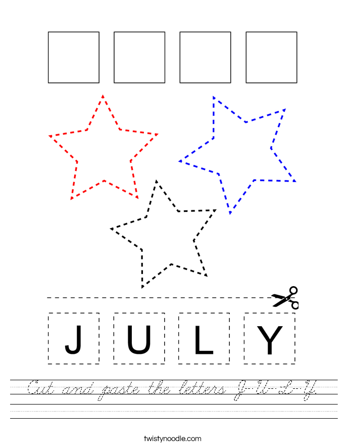 cut and paste the letters j u l y worksheet cursive twisty noodle