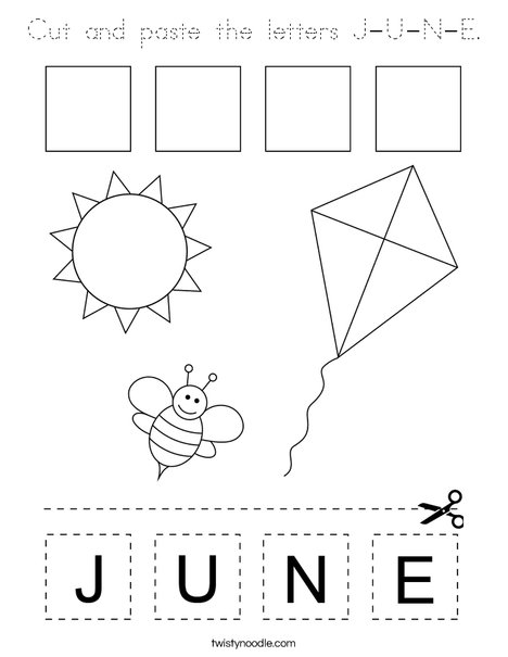 Cut and paste the letters J-U-N-E. Coloring Page