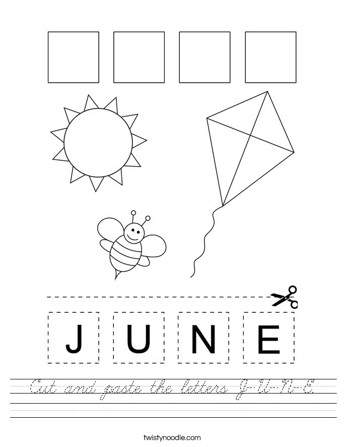 cut and paste the letters j u n e worksheet cursive twisty noodle