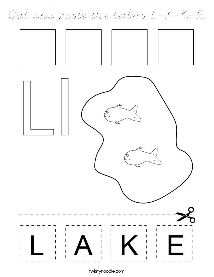 Cut and paste the letters L-A-K-E. Coloring Page