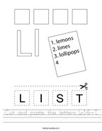 Cut and paste the letters L-I-S-T Handwriting Sheet