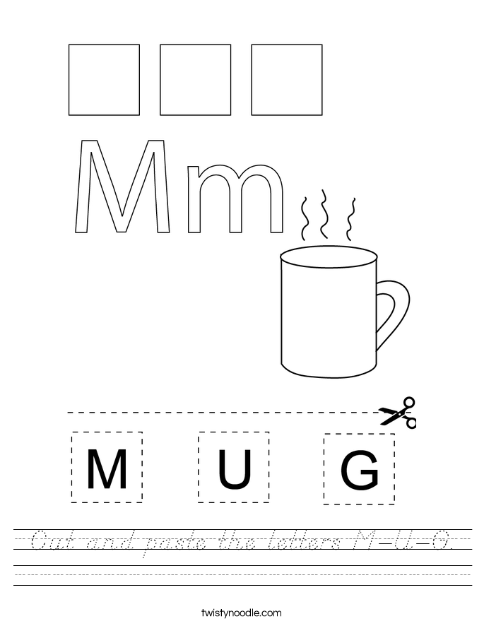 cut and paste the letters m u g worksheet dnealian twisty noodle