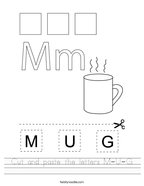 Cut and paste the letters M-U-G Handwriting Sheet