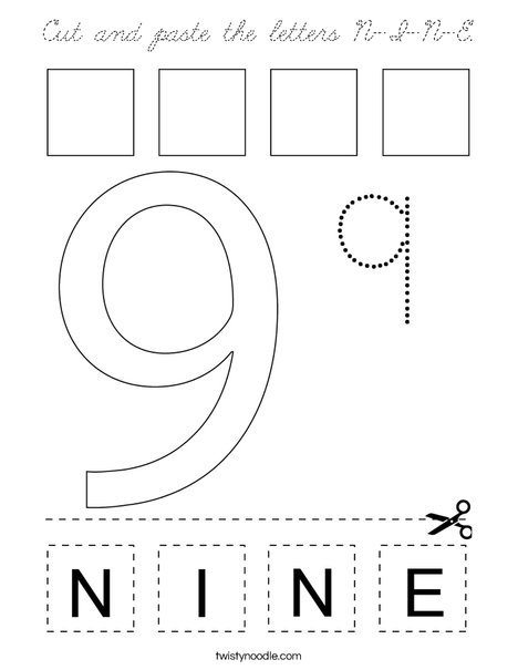Cut and paste the letters N-I-N-E. Coloring Page