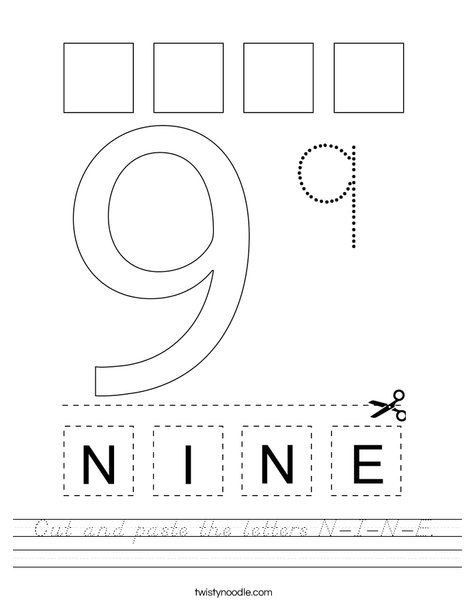 Cut and paste the letters N-I-N-E. Worksheet