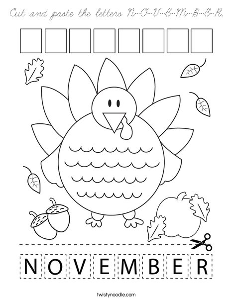Cut and paste the letters N-O-V-E-M-B-E-R. Coloring Page