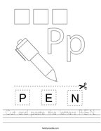 Cut and paste the letters P-E-N Handwriting Sheet