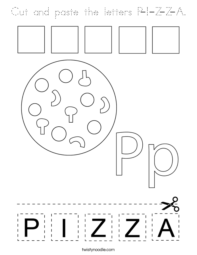 Cut and paste the letters P-I-Z-Z-A. Coloring Page