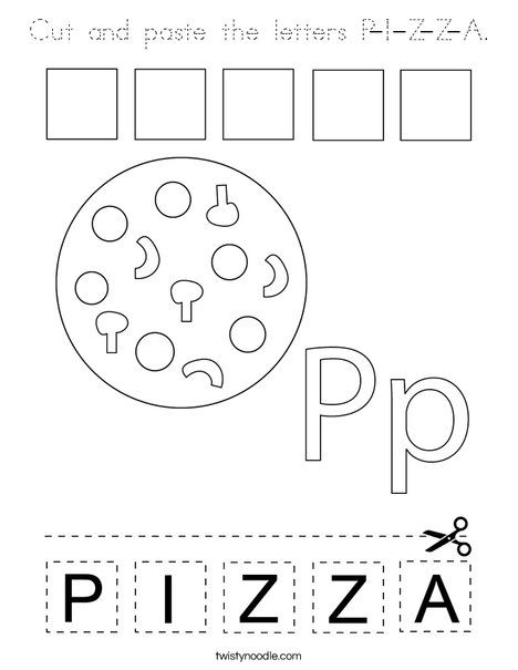 Cut and paste the letters P-I-Z-Z-A. Coloring Page