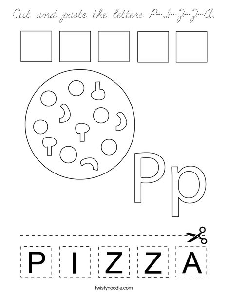 Cut and paste the letters P-I-Z-Z-A. Coloring Page