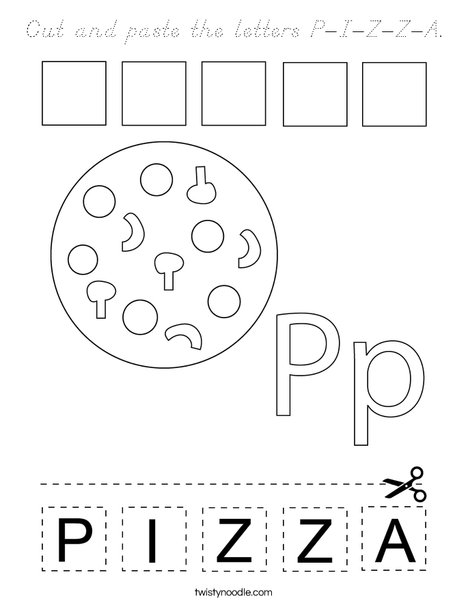 Cut and paste the letters P-I-Z-Z-A. Coloring Page