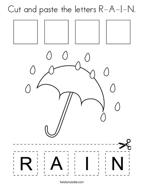 Cut and paste the letters R-A-I-N. Coloring Page