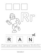 Cut and paste the letters R-A-N Handwriting Sheet