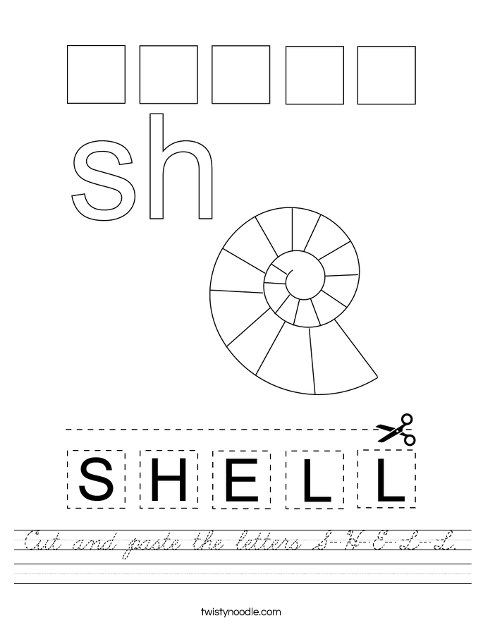 cut and paste the letters s h e l l worksheet cursive twisty noodle