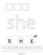 Cut and paste the letters S-H-E Handwriting Sheet