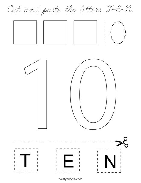 Cut and paste the letters T-E-N Coloring Page - Cursive - Twisty Noodle
