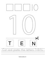 Cut and paste the letters T-E-N Handwriting Sheet