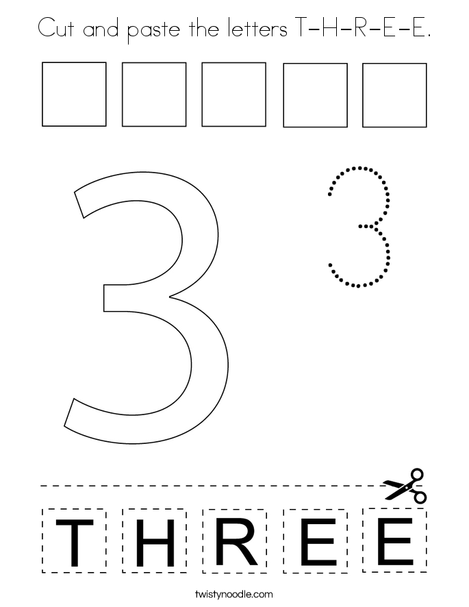Cut and paste the letters T-H-R-E-E. Coloring Page