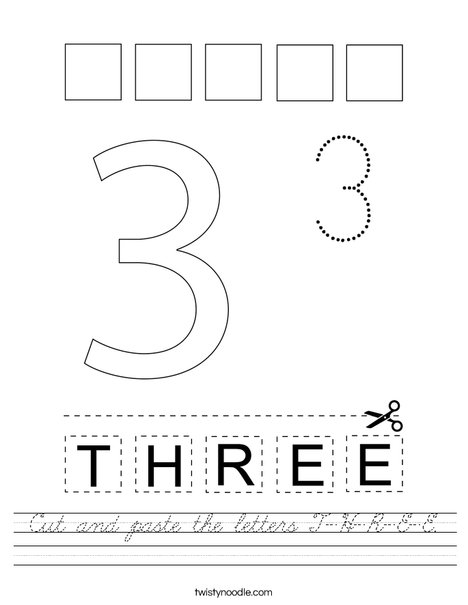 cut and paste the letters t h r e e worksheet cursive