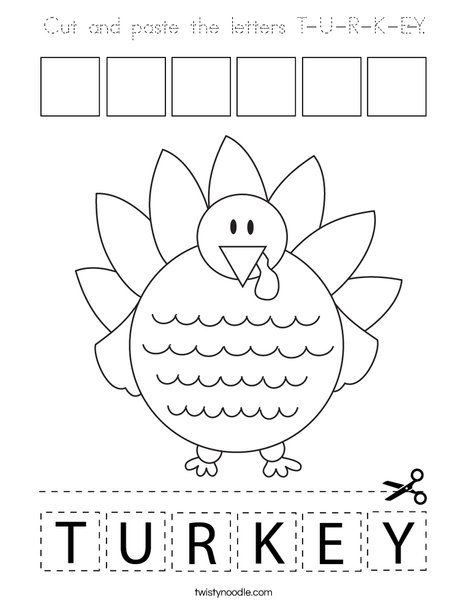 Cut and paste the letters T-U-R-K-E-Y. Coloring Page