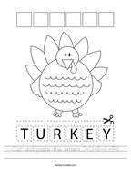 Cut and paste the letters T-U-R-K-E-Y Handwriting Sheet