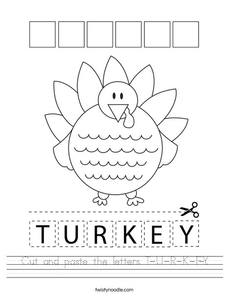 Cut and paste the letters T-U-R-K-E-Y. Worksheet