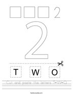 kinder 2 worksheet Cut and paste the letters T-W-O Handwriting Sheet