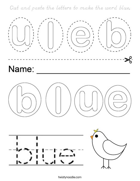 Cut and paste the letters to make the word blue. Coloring Page