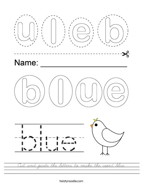 Cut and paste the letters to make the word blue. Worksheet