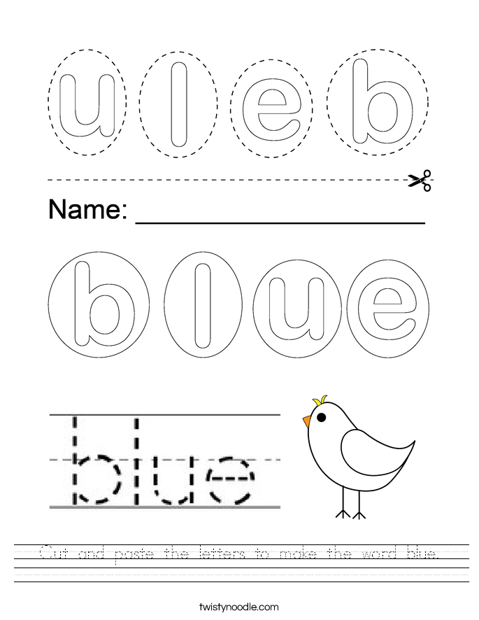 Cut and paste the letters to make the word blue. Worksheet