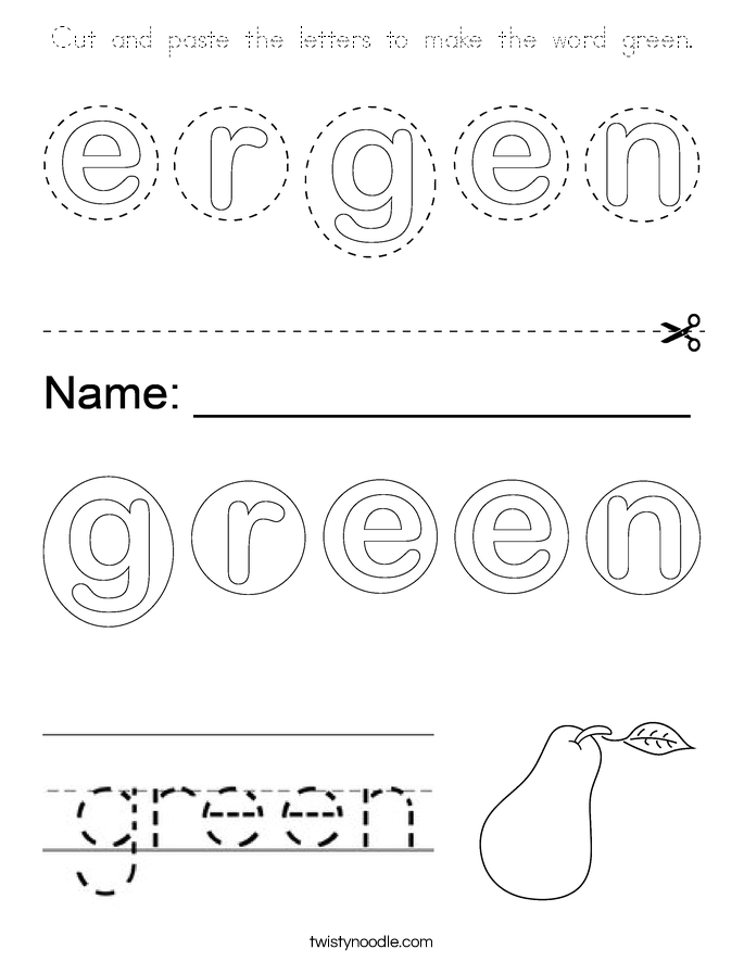 Cut and paste the letters to make the word green. Coloring Page