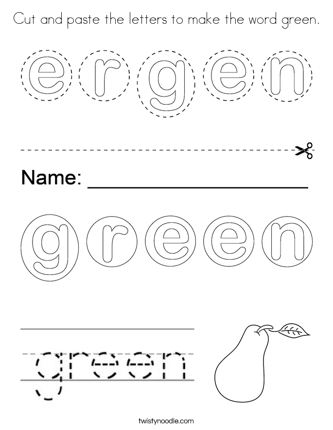 Cut and paste the letters to make the word green. Coloring Page