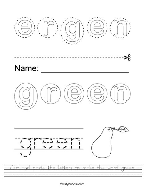Cut and paste the letters to make the word green. Worksheet