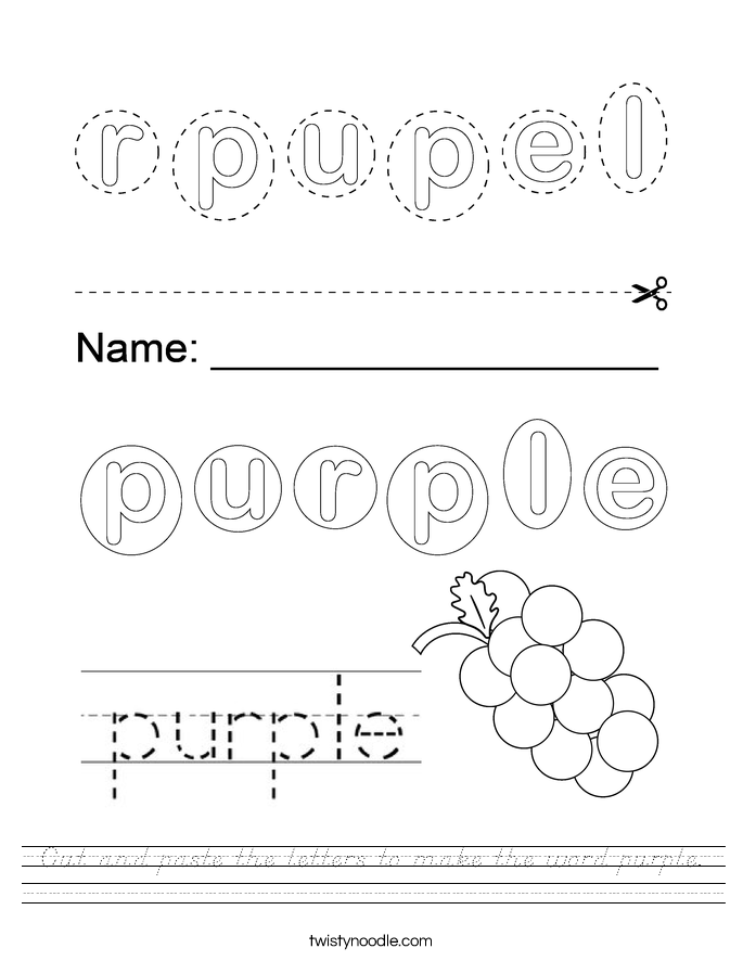 Cut and paste the letters to make the word purple. Worksheet