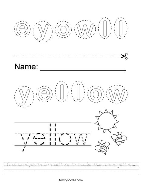 Cut and paste the letters to make the word yellow.. Worksheet