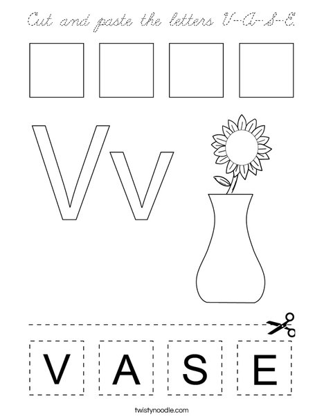 Cut and paste the letters V-A-S-E. Coloring Page