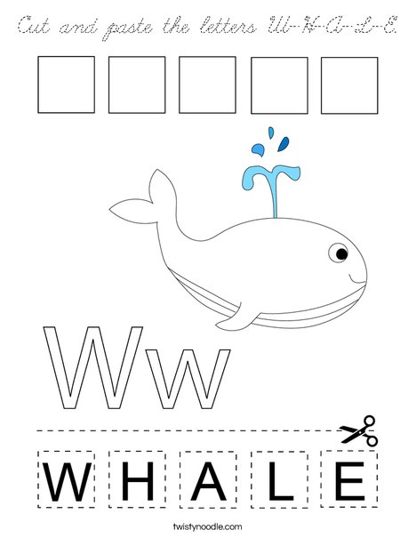 Cut and paste the letters W-H-A-L-E. Coloring Page