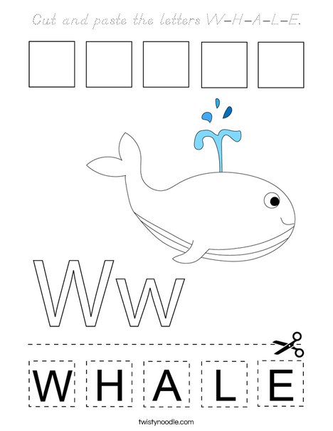 Cut and paste the letters W-H-A-L-E. Coloring Page
