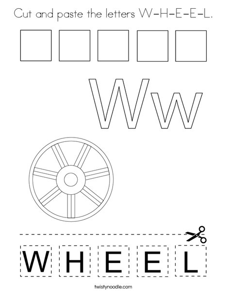 Cut and paste the letters W-H-E-E-L. Coloring Page