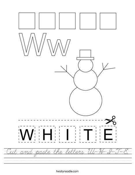Cut and paste the letters W-H-I-T-E. Worksheet